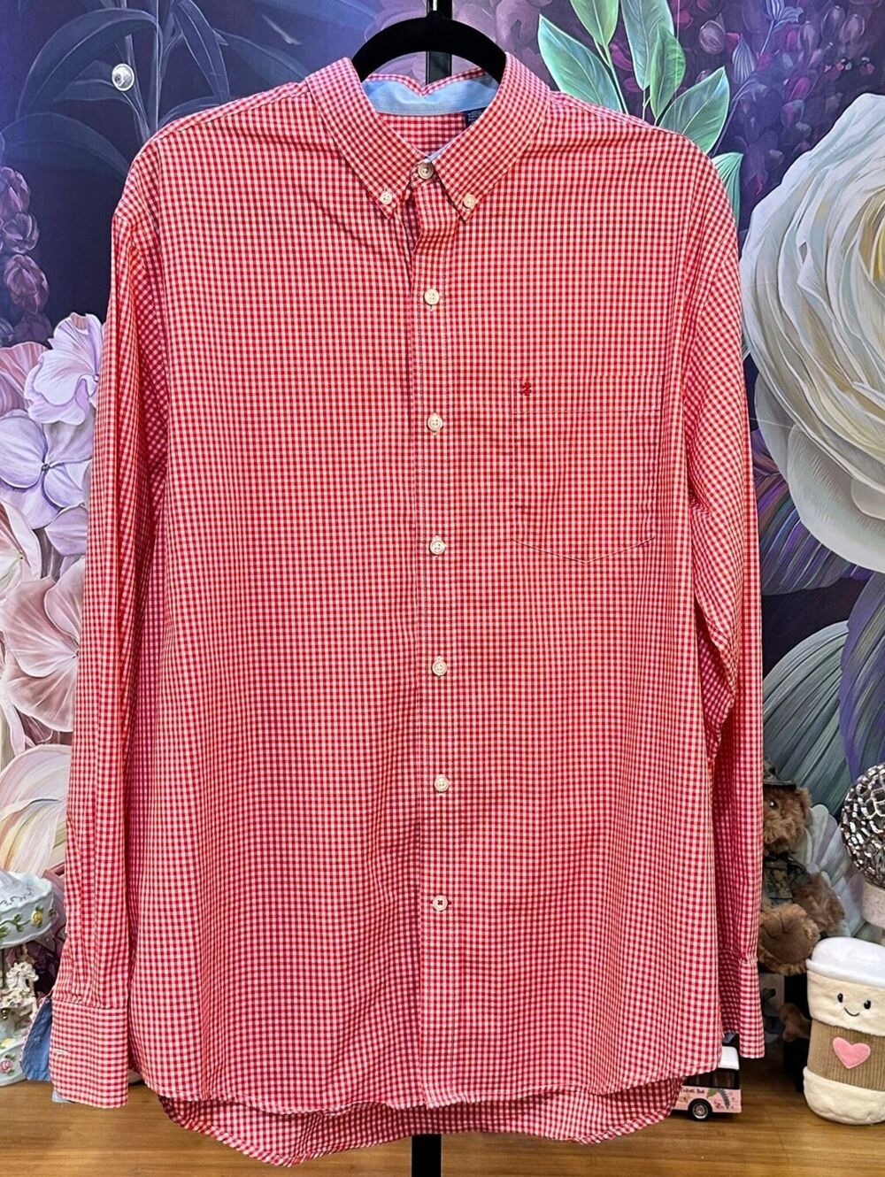 IZOD L Red Non-Iron Stretch Check Pattern Button-Down Shirt Ivy League Trad